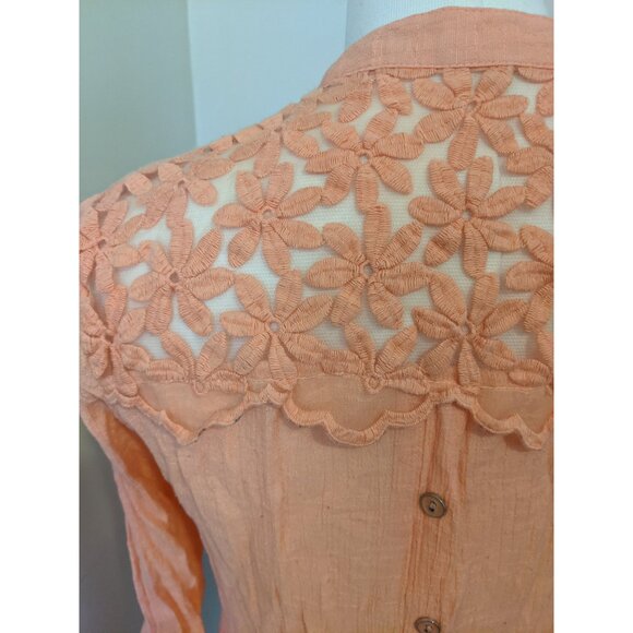 Womens Peach Orange Button Up Blouse Lace Panel Lagenlook Boho Sheer Pastel M - Picture 7 of 11